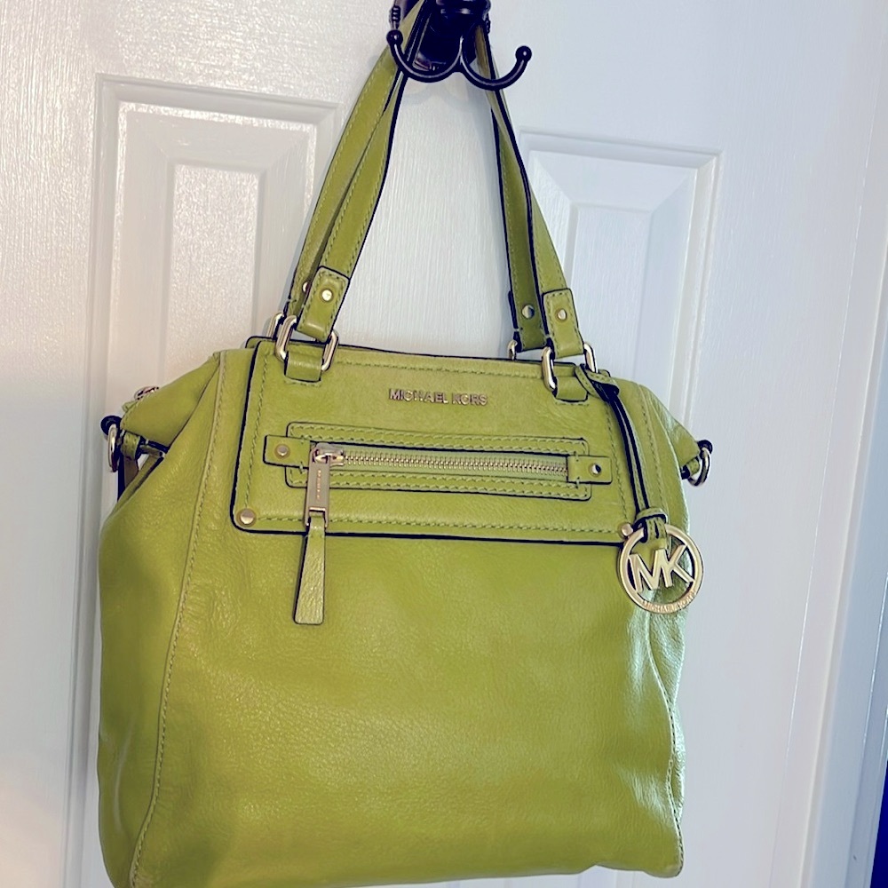 Michael Kors satchel tote with dust bag.  Lime green soft pebbled leather.